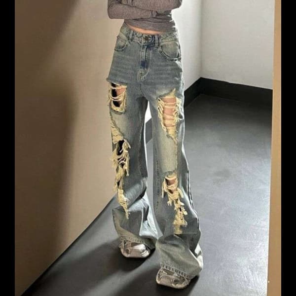 ダメージ加工ワイドデニムパンツ