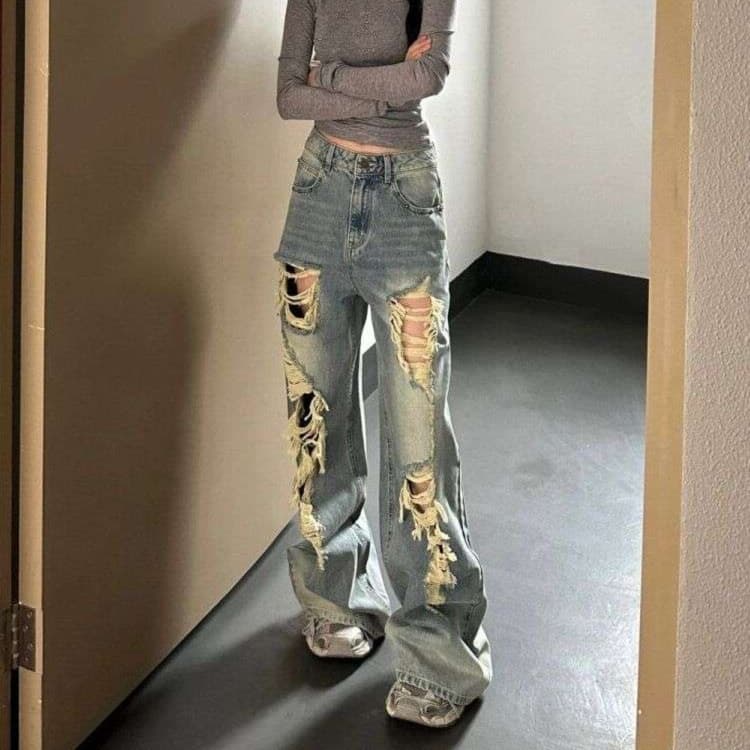 ダメージ加工ワイドデニムパンツ