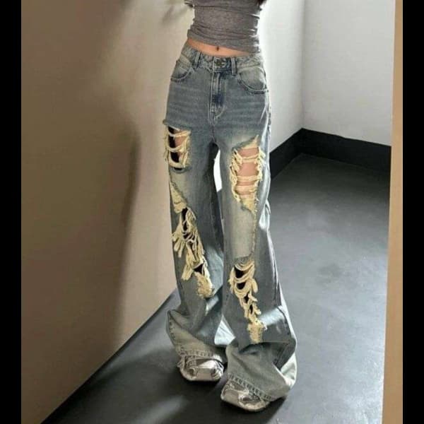ダメージ加工ワイドデニムパンツ